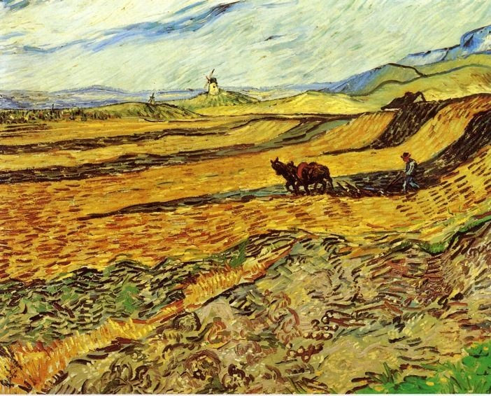 Field And Ploughman And Mill by Vincent van Gogh