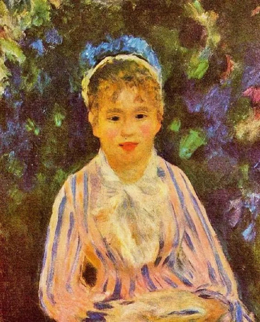 YOUNG WOMAN IN A BLUE AND PINK STRIPED SHIRT