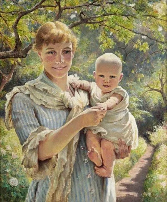 WOMAN WITH CHILD IN A FLOWERING GARDEN