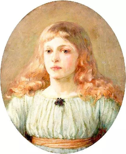 PORTRAIT OF A YOUNG GIRL WEARING A BROOCH OF IRISES
