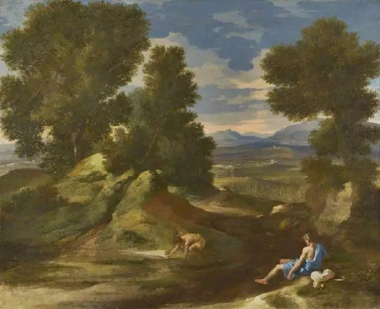 LANDSCAPE WITH A MAN SCOOPING WATER FROM A STREAM