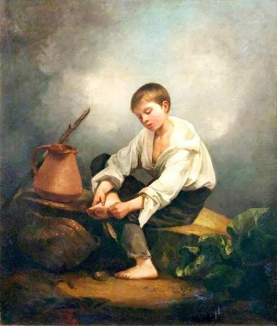 A BOY EXTRACTING A THORN FROM HIS FOOT