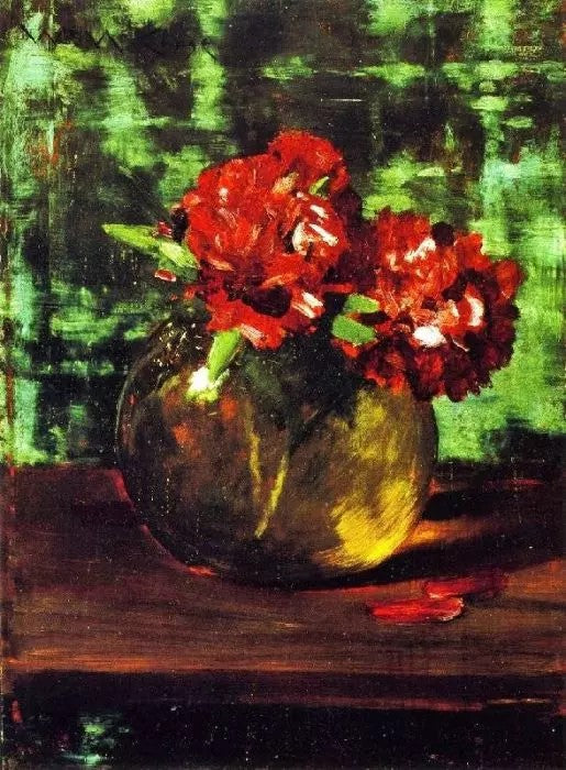 STUDY OF FLOWERS, RED AGAINST GREEN (STILL LIFE)