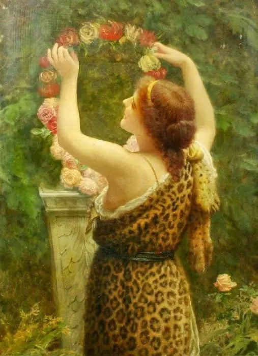 WOMAN WITH A FLORAL WREATH IN A LEOPARD DRESS