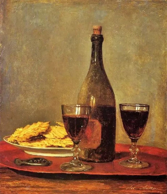 STILL LIFE: TWO GLASS OF RED WINE, A BOTTLE OF WINE; A CORKSCREW AND A PLATE OF BISCUITS ON A TRAY