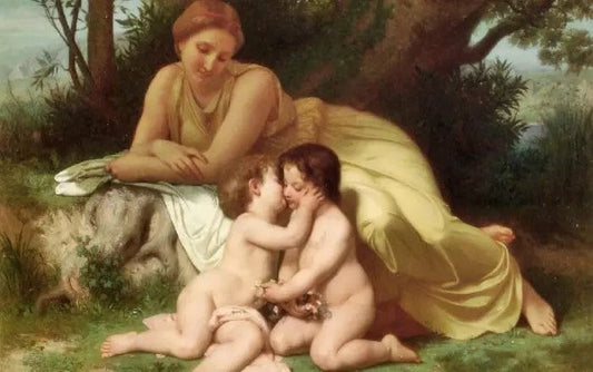 YOUNG WOMAN CONTEMPLATING TWO EMBRACING CHILDREN