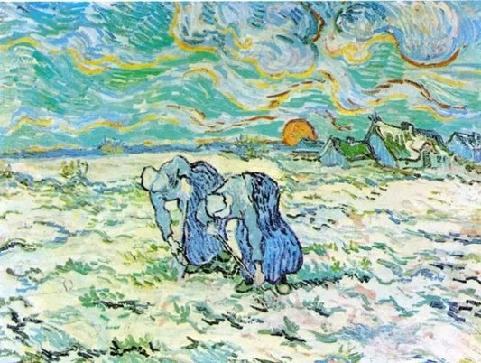 TWO PEASANT WOMEN DIGGING IN FIELD WITH SNOW