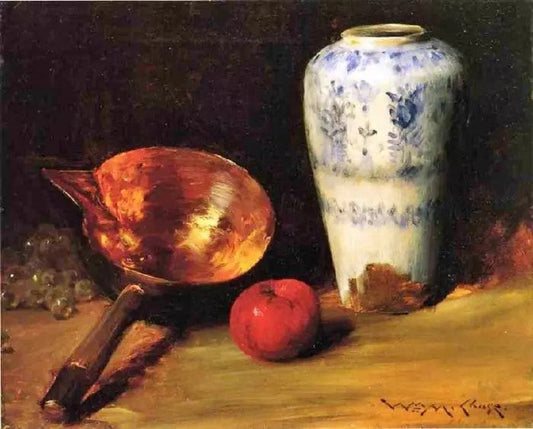 STILL LIFE WITH CHINA VASE, COPPER POT, AN APPLE AND A BUNCH OF GRAPES