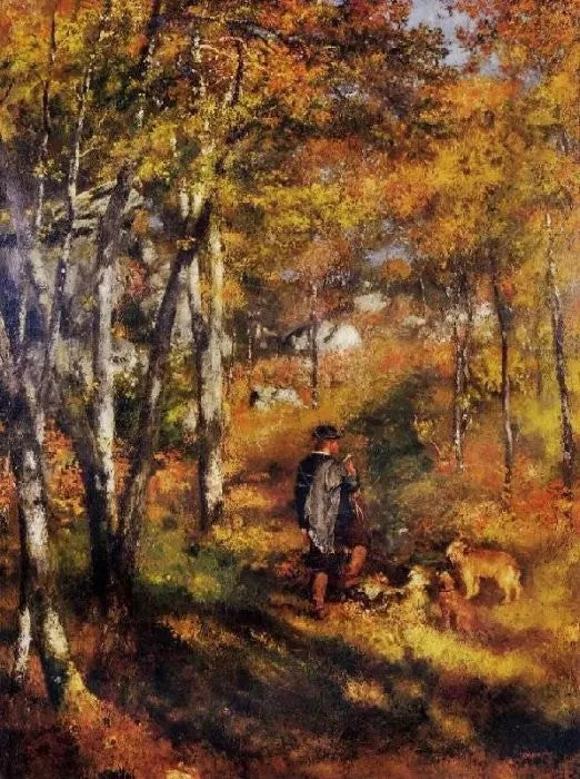 THE PAINTER JULES LE COEUR WALKING HIS DOGS IN THE FOREST OF FONTAINEBLEAU