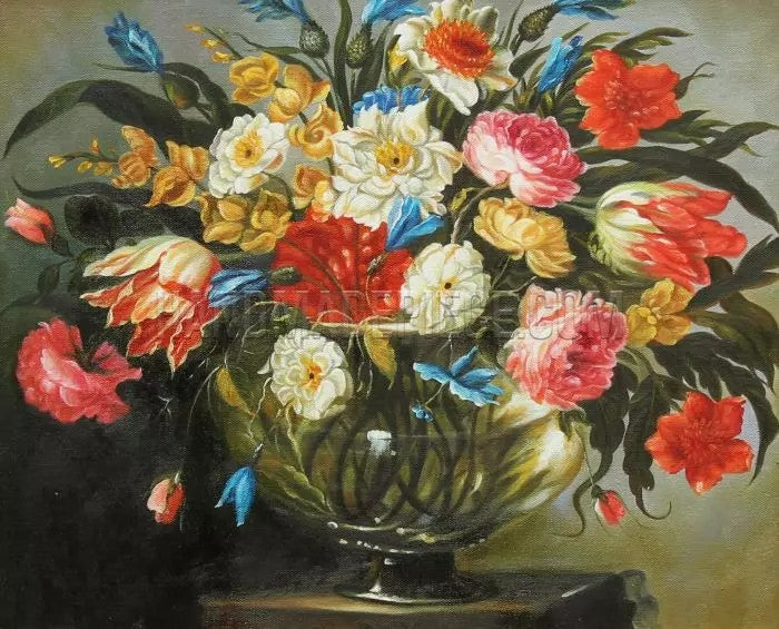 STILL LIFE WITH ROSES, TIGER TULIPS, WHITE AND BLUE AQUILEGIA, PEONIES AND DELPHINIUM, ETC.