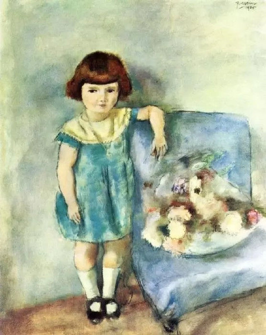 LITTLE GIRL BESIDE A BUNCH OF FLOWERS