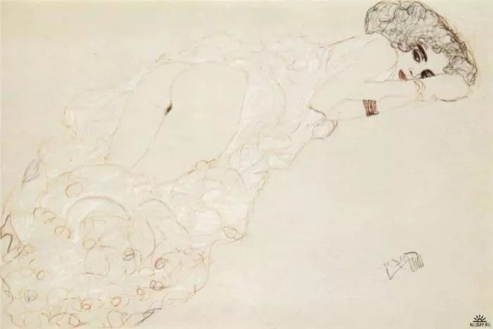 RECLINING NUDE LYING ON HER STOMACH AND FACING RIGHT