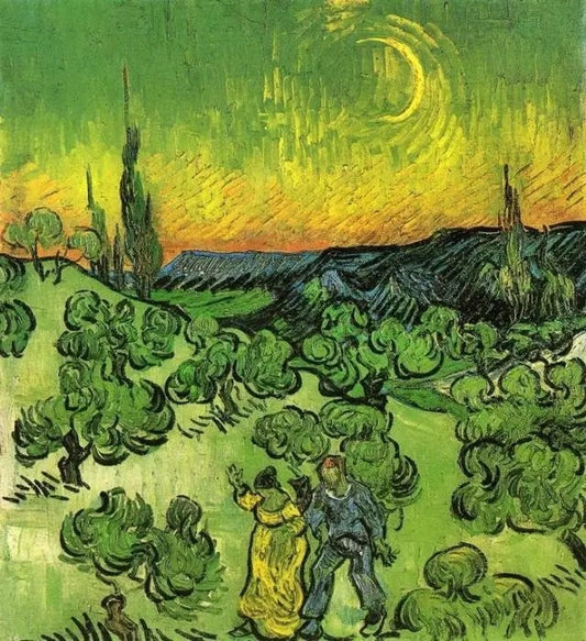 LANDSCAPE WITH COUPLE WALKING AND CRESCENT MOON