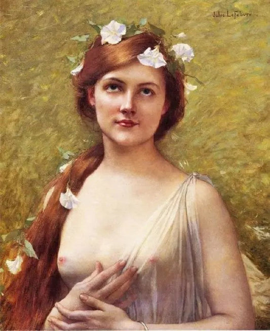 YOUNG WOMAN WITH MORNING GLORIES IN HER HAIR