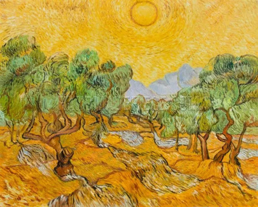 OLIVE TREES WITH YELLOW SKY AND SUN