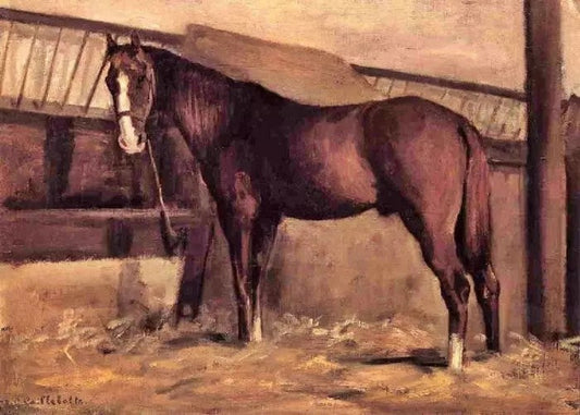 YERRES, REDDISH BAY HORSE IN THE STABLE