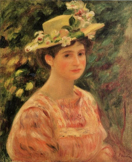 Young Woman Wearing A Hat With Wild Roses by Pierre Auguste Renoir
