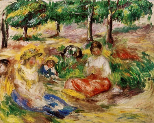 Three Young Girls Sitting In The Grass by Pierre Auguste Renoir