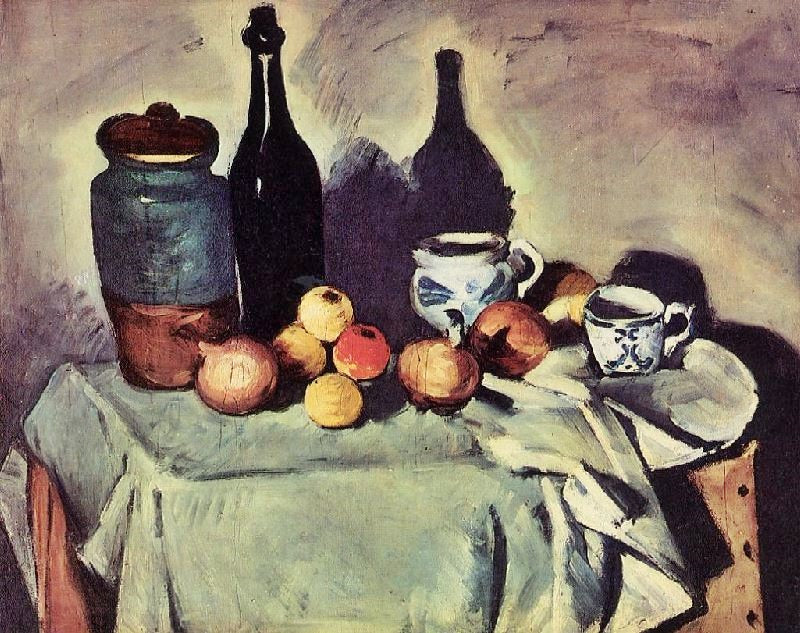 Still Life, Post, Bottle, Cup And Fruit by Paul Cézanne