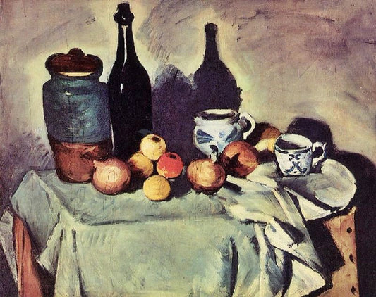 Still Life, Post, Bottle, Cup And Fruit by Paul Cézanne