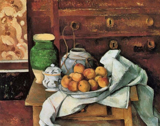 Vessels, Fruit And Cloth In Front Of A Chest by Paul Cézanne
