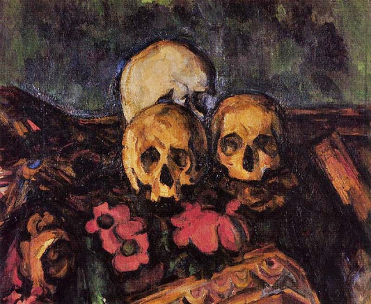 Three Skulls On A Patterned Carpet by Paul Cézanne