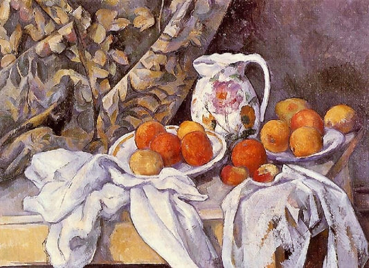 Still Life With Curtain And Flowered Pitcher by Paul Cézanne