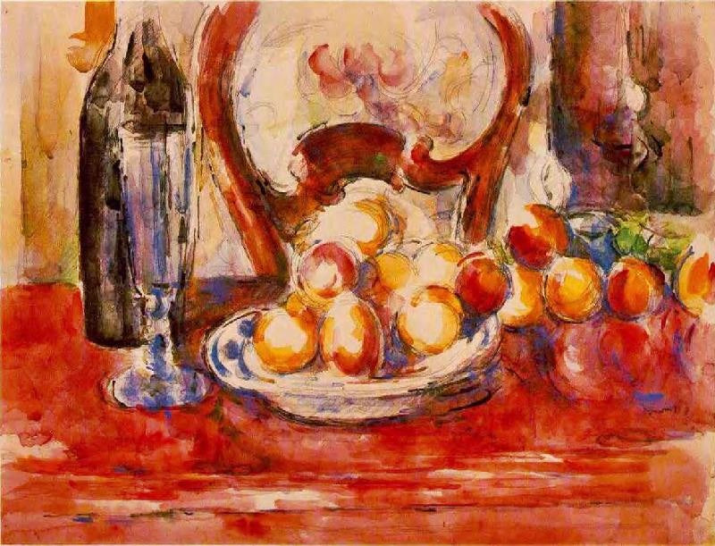 Still Life, Apples, A Bottle And Chairback by Paul Cézanne