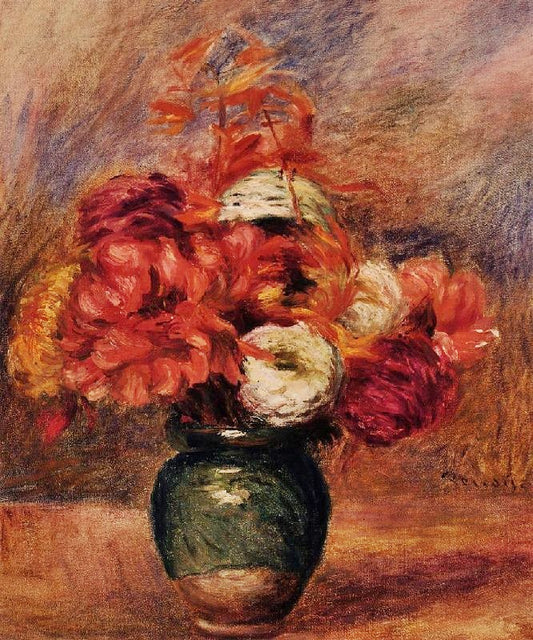 Flowers In A Green Vase, Dahlilas And Asters by Pierre Auguste Renoir