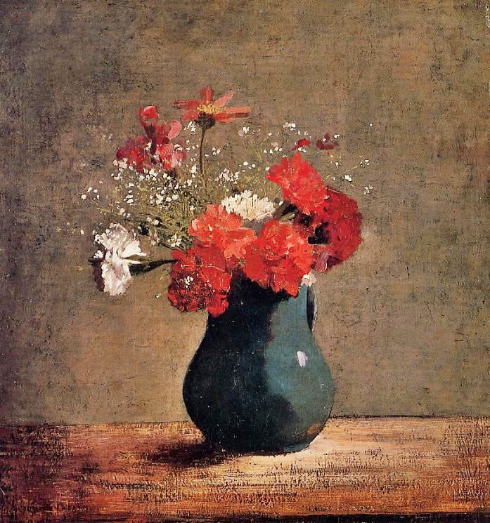 Carnations And Gypsophilia In A Green Vase by Odilon Redon