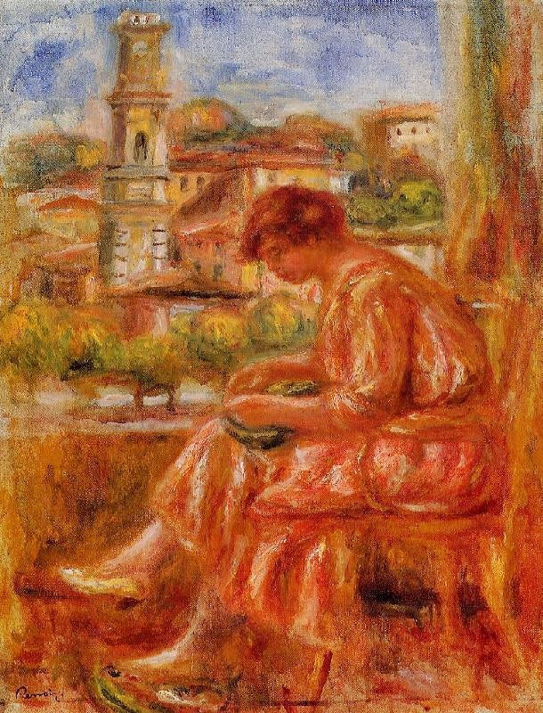 Woman At The Window With A View Of Nice by Pierre Auguste Renoir