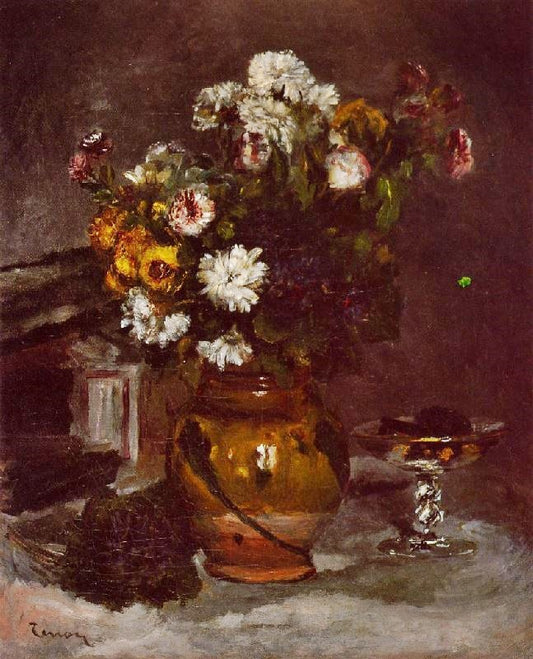 Flowers In A Vase And A Glass Of Champagne by Pierre Auguste Renoir