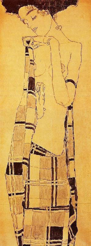 Standing Girl In A Plaid Garment by Egon Schiele