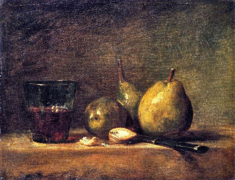 Three Pears, Walnuts, Glass Of Wine And Knife by Jean-Baptiste-Simeon Chardin