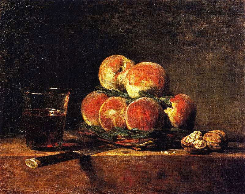 BASKET OF PEACHES WITH WALNUTS, KNIFE AND GLASS OF WINE