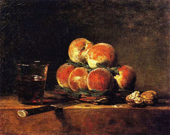 Basket Of Peaches With Walnuts, Knife And Glass Of Wine by Jean-Baptiste-Simeon Chardin