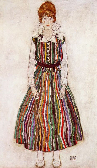 Portrait Of Edith Schiele In A Striped Dress by Egon Schiele