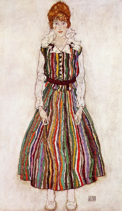 Portrait Of Edith Schiele In A Striped Dress by Egon Schiele