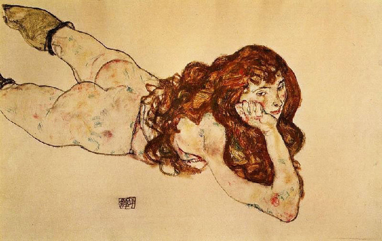 Female Nude Lying On Her Stomach by Egon Schiele