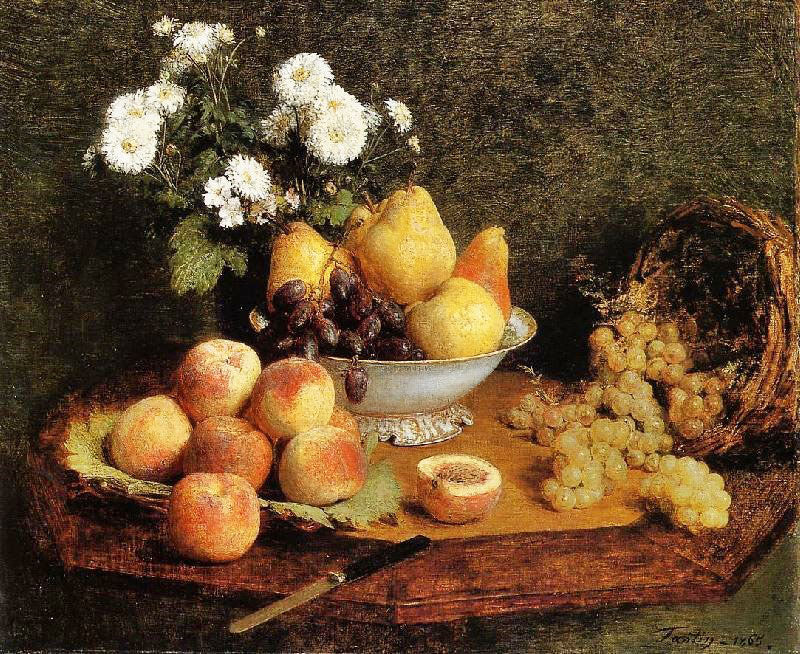 FLOWERS AND FRUIT ON A TABLE