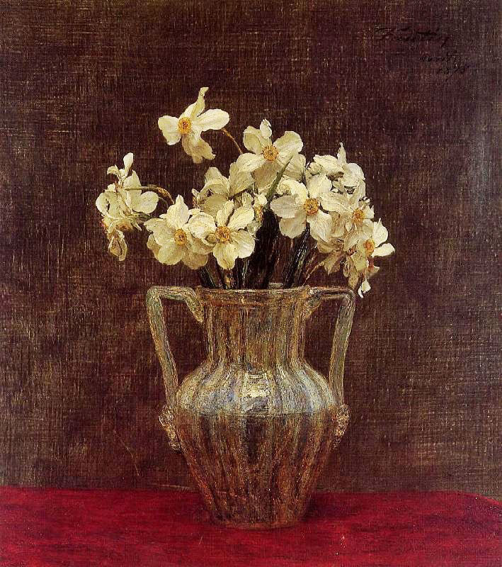 Narcisses In An Opaline Glass Vase by Henri Fantin-Latour