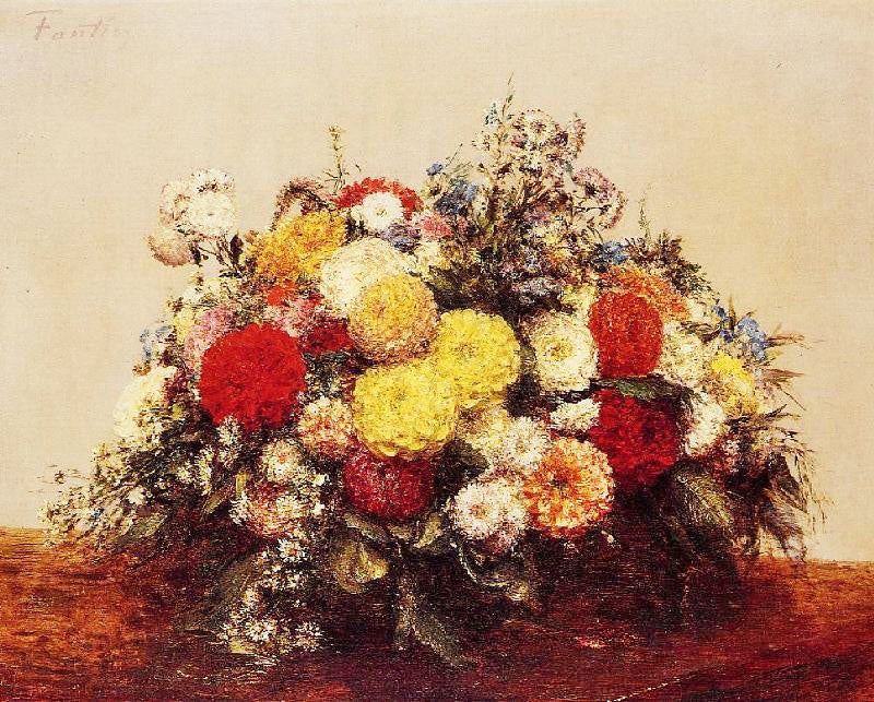 Large Vase Of Dahlias And Assorted Flowers by Henri Fantin-Latour