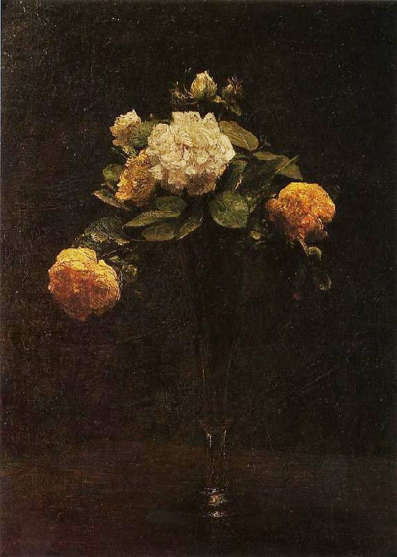 White And Yellow Roses In A Tall Vase by Henri Fantin-Latour