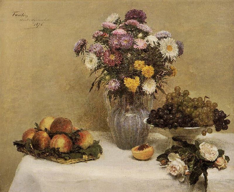 White Roses, Chrysanthemums In A Vase, Peaches And Grapes On A Table With A White Tablecloth by Henri Fantin-Latour
