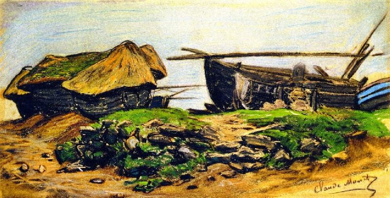 Caloges And Boat At Étretat by Claude Oscar Monet