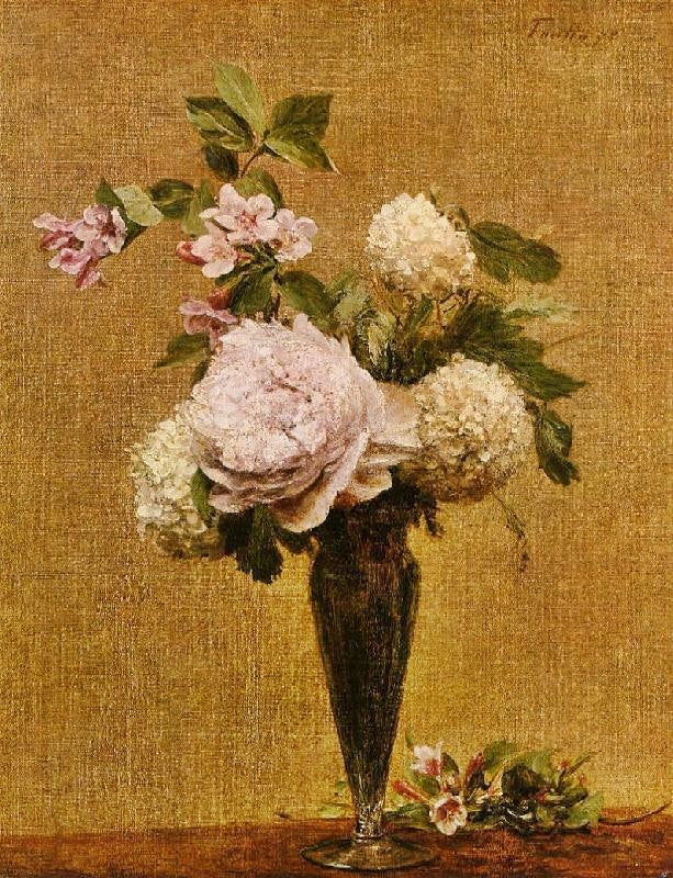 VASE OF PEONIES AND SNOWBALLS