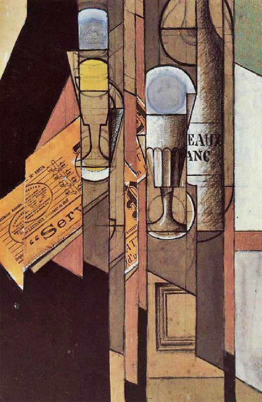 GLASSES, NEWSPAPER AND BOTTLE OF WINE
