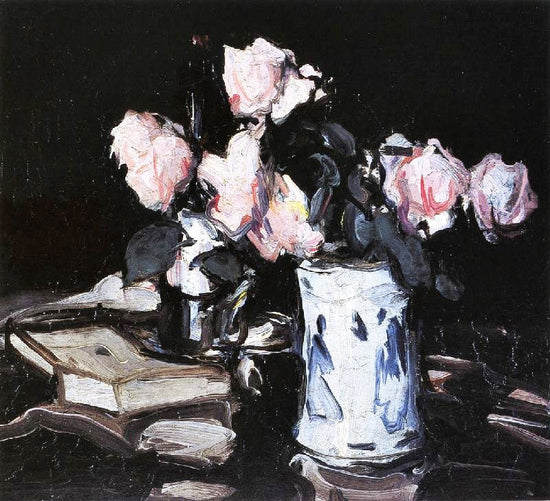 Roses In A Blue And White Vase, Black Background by Samuel John Peploe