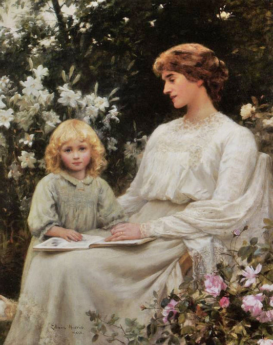 Portrait Of A Mother And Daughter Reading A Book by Edwin Harris