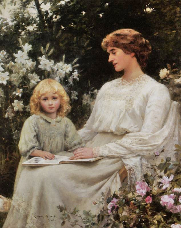 Portrait Of A Mother And Daughter Reading A Book by Edwin Harris